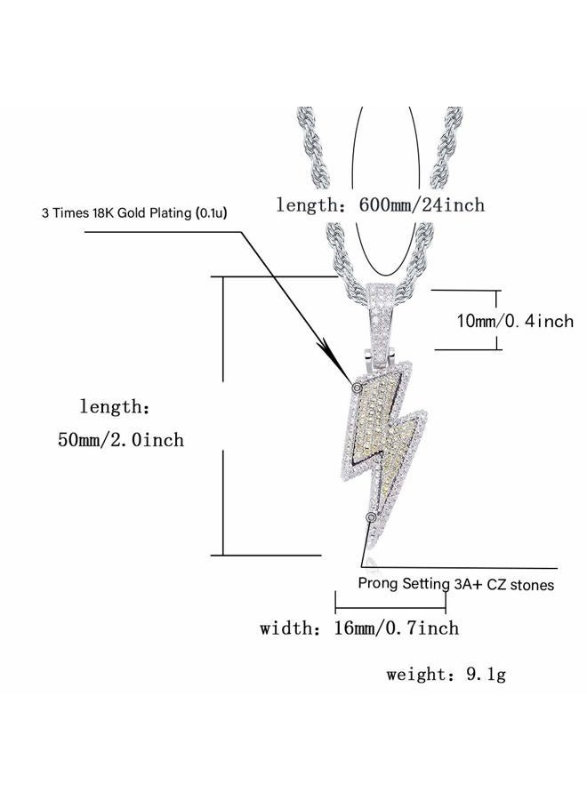 JINAO Hip Hop Lightning Bolt Design Pendant 18k Gold Plated Iced Out Cubic Zirconia Pendant Necklace with Micropave Simulated Diamond for Men Women (White Gold) - Image 2