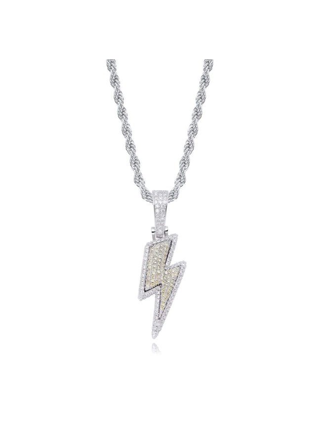 JINAO Hip Hop Lightning Bolt Design Pendant 18k Gold Plated Iced Out Cubic Zirconia Pendant Necklace with Micropave Simulated Diamond for Men Women (White Gold) - Image 1