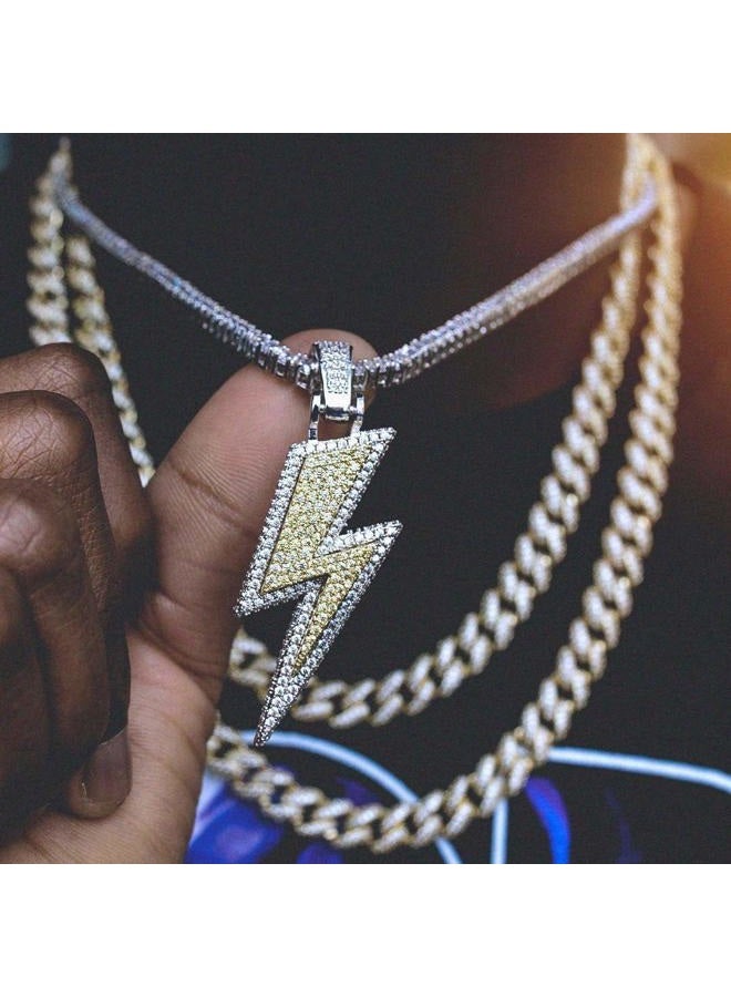 JINAO Hip Hop Lightning Bolt Design Pendant 18k Gold Plated Iced Out Cubic Zirconia Pendant Necklace with Micropave Simulated Diamond for Men Women (White Gold) - Image 5