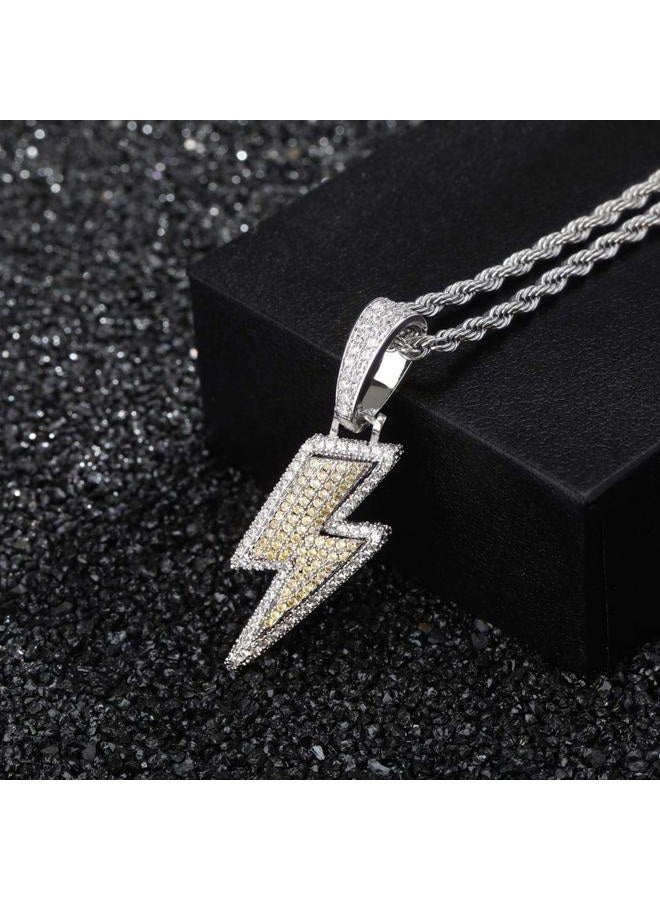 JINAO Hip Hop Lightning Bolt Design Pendant 18k Gold Plated Iced Out Cubic Zirconia Pendant Necklace with Micropave Simulated Diamond for Men Women (White Gold) - Image 3