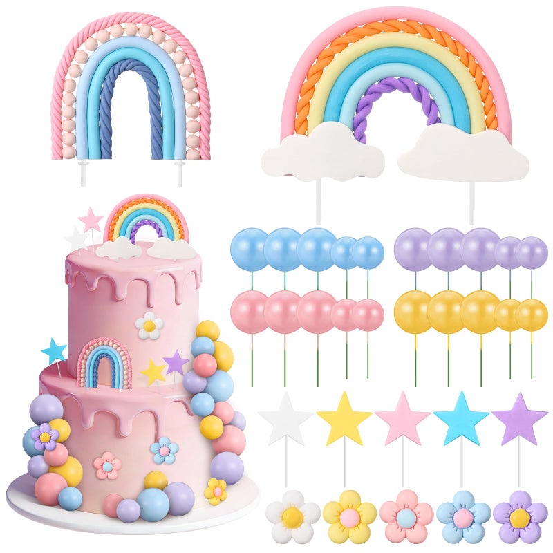 ProSuites 32 Pcs Rainbow Cake Topper with Flower Star Cupcake Toppers Pastel Balls Cake Topper, Boho Groovy Cake Decorations for Birthday Wedding Party - Image 1