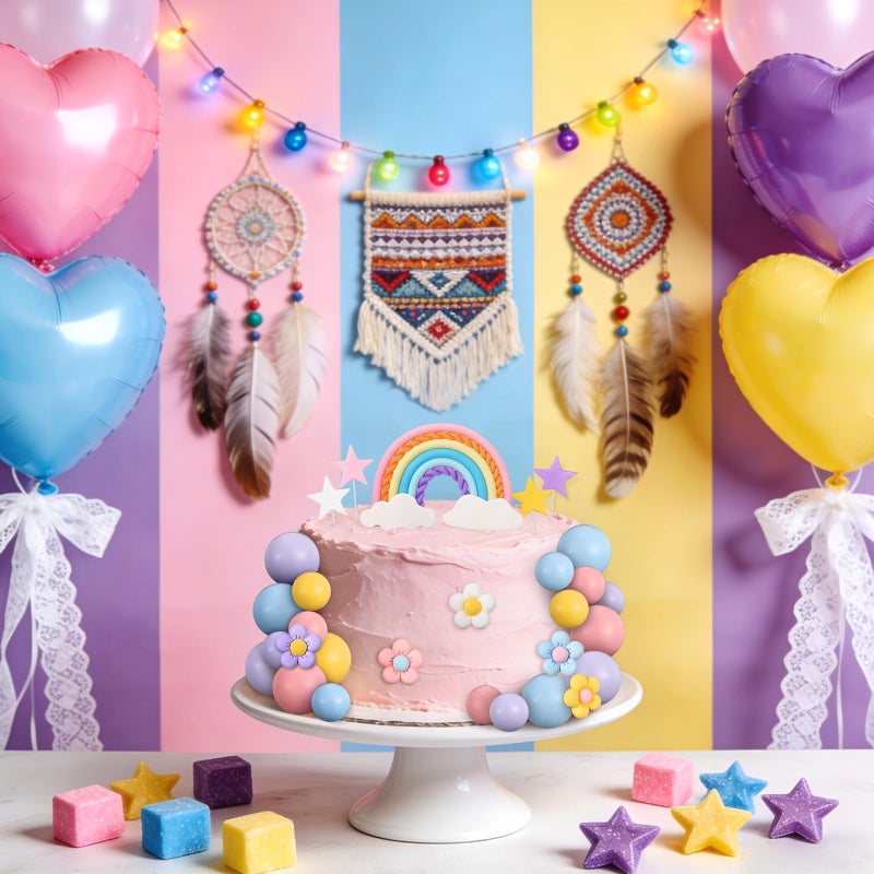 ProSuites 32 Pcs Rainbow Cake Topper with Flower Star Cupcake Toppers Pastel Balls Cake Topper, Boho Groovy Cake Decorations for Birthday Wedding Party - Image 5