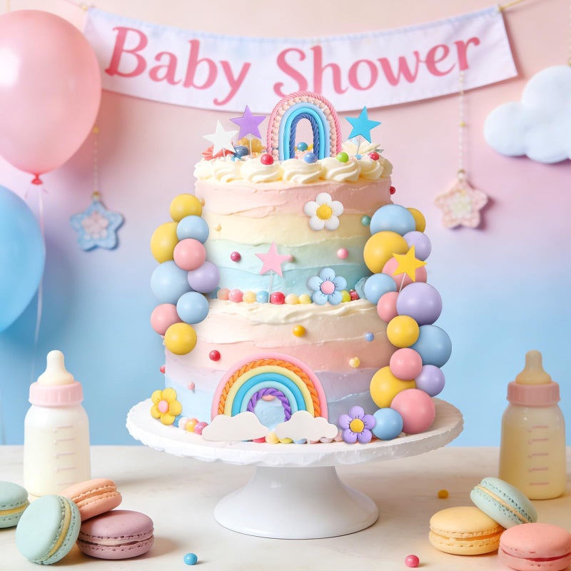 ProSuites 32 Pcs Rainbow Cake Topper with Flower Star Cupcake Toppers Pastel Balls Cake Topper, Boho Groovy Cake Decorations for Birthday Wedding Party - Image 3