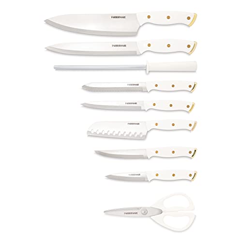 FARBERWARE 15-Piece Knife Block Set, Triple-Riveted High-Carbon Stainless Steel Kitchen Knives, Razor Sharp Blades, Wood Storage Block, White/gold - Image 2