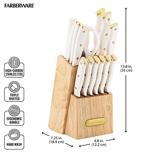 FARBERWARE 15-Piece Knife Block Set, Triple-Riveted High-Carbon Stainless Steel Kitchen Knives, Razor Sharp Blades, Wood Storage Block, White/gold - Image 3