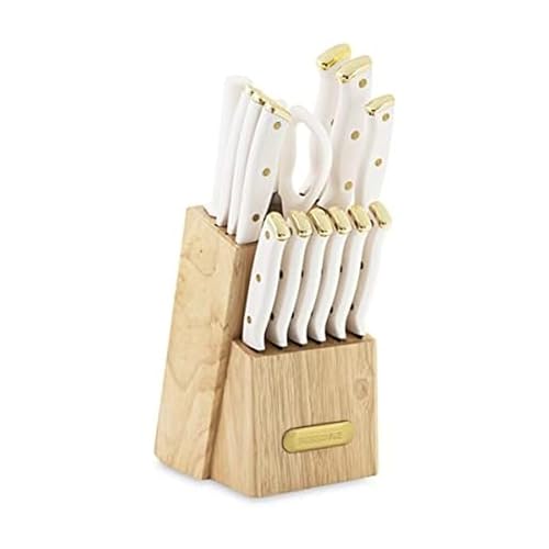 FARBERWARE 15-Piece Knife Block Set, Triple-Riveted High-Carbon Stainless Steel Kitchen Knives, Razor Sharp Blades, Wood Storage Block, White/gold - Image 1