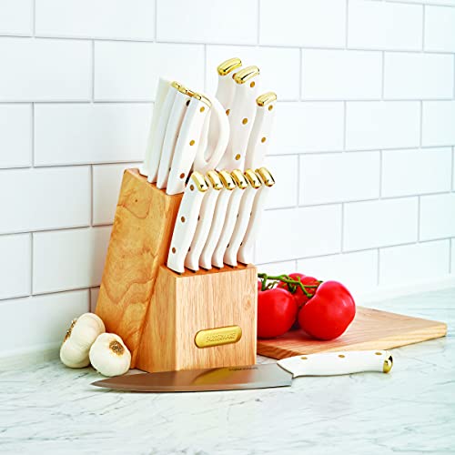 FARBERWARE 15-Piece Knife Block Set, Triple-Riveted High-Carbon Stainless Steel Kitchen Knives, Razor Sharp Blades, Wood Storage Block, White/gold - Image 5