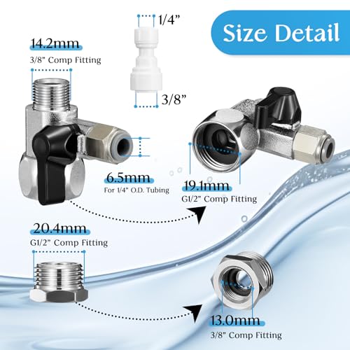 Ondiomn Refrigerator Water Line Splitter Angle Valve, 3/8"-3/8"-1/4" or G 1/2"-G 1/2"-1/4", with Push-to-Connect Fittings for 1/4" O.D. Tubing (Includes 1/4" to 3/8" Adapter) - Image 5