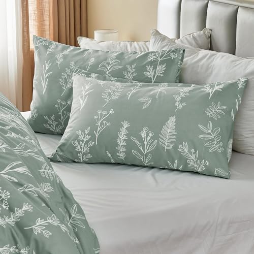 MUXHOMO Duvet Cover Queen Size, Reversible Floral Green Duvet Cover Set with Zipper Closure, 3 Pieces Botanical Patterns Soft Microfiber Bedding Set with 4 Ties (90"x90", 2 Pillow Cases) - Image 5