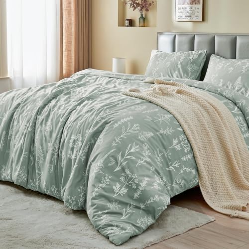 MUXHOMO Duvet Cover Queen Size, Reversible Floral Green Duvet Cover Set with Zipper Closure, 3 Pieces Botanical Patterns Soft Microfiber Bedding Set with 4 Ties (90"x90", 2 Pillow Cases) - Image 4
