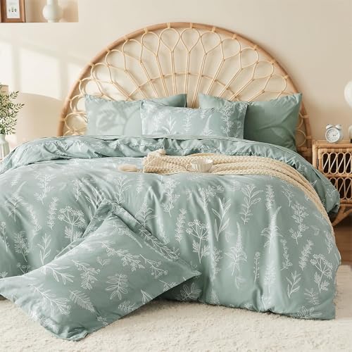 MUXHOMO Duvet Cover Queen Size, Reversible Floral Green Duvet Cover Set with Zipper Closure, 3 Pieces Botanical Patterns Soft Microfiber Bedding Set with 4 Ties (90"x90", 2 Pillow Cases) - Image 1