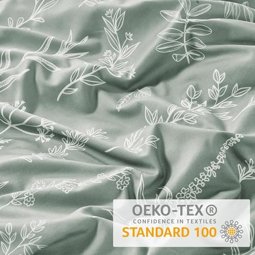 MUXHOMO Duvet Cover Queen Size, Reversible Floral Green Duvet Cover Set with Zipper Closure, 3 Pieces Botanical Patterns Soft Microfiber Bedding Set with 4 Ties (90"x90", 2 Pillow Cases) - Image 3