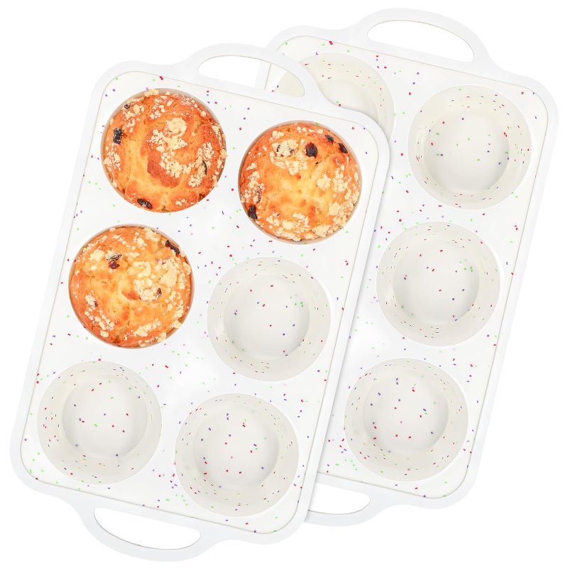 Fimary Silicone Cupcake Molds - 6-Cup Silicone Muffin Pan for Baking Non-stick Food Grade Silicone Muffin Tins Great for Homemade Muffins, Cupcakes - Rainbow-Colored Dots Set of 2 - Image 1