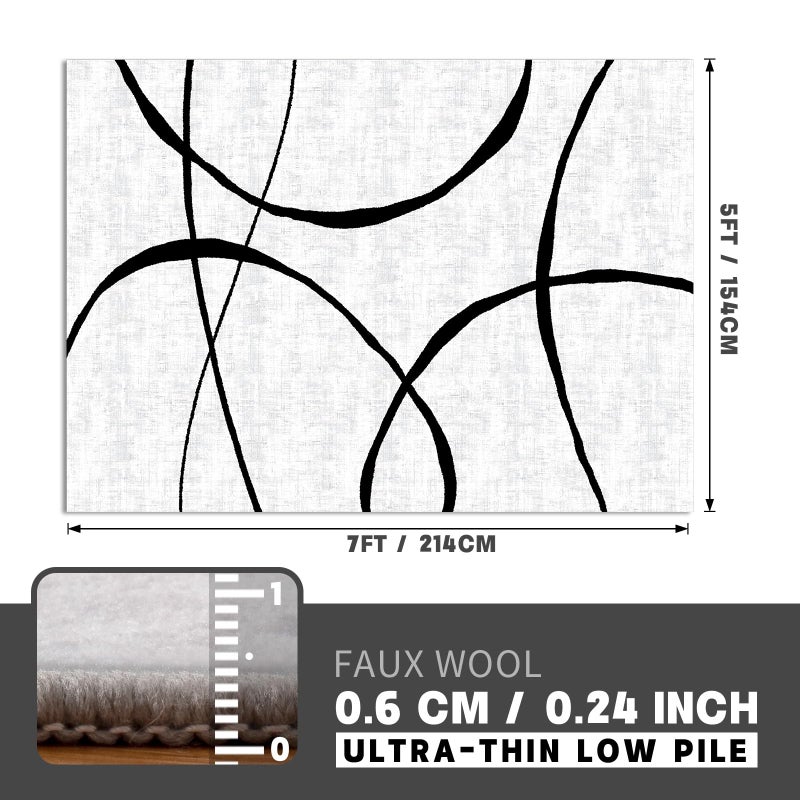 YIHOUSE 5x7 Washable Living Room Rug - Modern Abstract Black and White Area Rug Non-Slip for Bedroom Home Office (Curve, 5'x7'ft) - Image 2