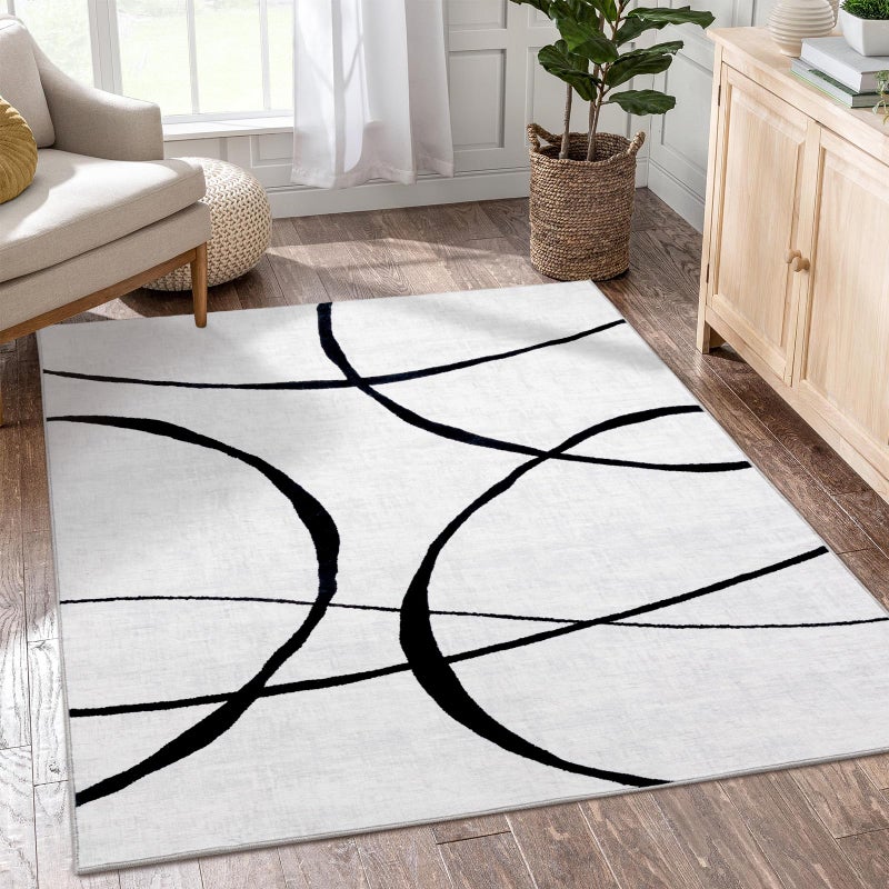 YIHOUSE 5x7 Washable Living Room Rug - Modern Abstract Black and White Area Rug Non-Slip for Bedroom Home Office (Curve, 5'x7'ft) - Image 1