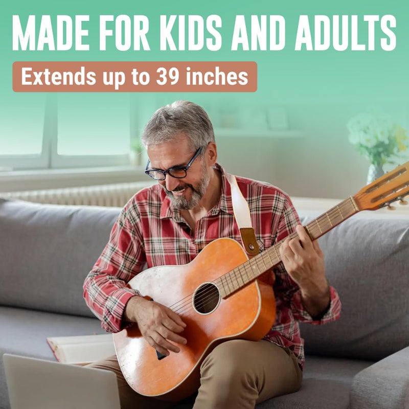Samorillo [2 Pack] Guitar Strap for Kids - 1 White Strap + 1 Black Strap With Leather Ends - Perfect Fit For Mini Guitars & Ukuleles - Extends Up To 39" For Adults - Image 4