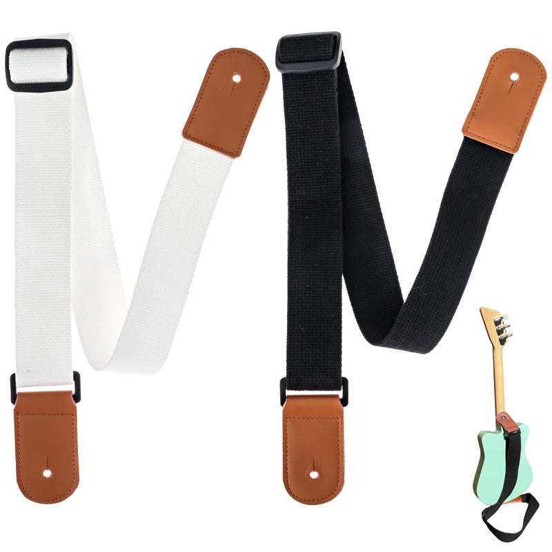 Samorillo [2 Pack] Guitar Strap for Kids - 1 White Strap + 1 Black Strap With Leather Ends - Perfect Fit For Mini Guitars & Ukuleles - Extends Up To 39" For Adults - Image 1