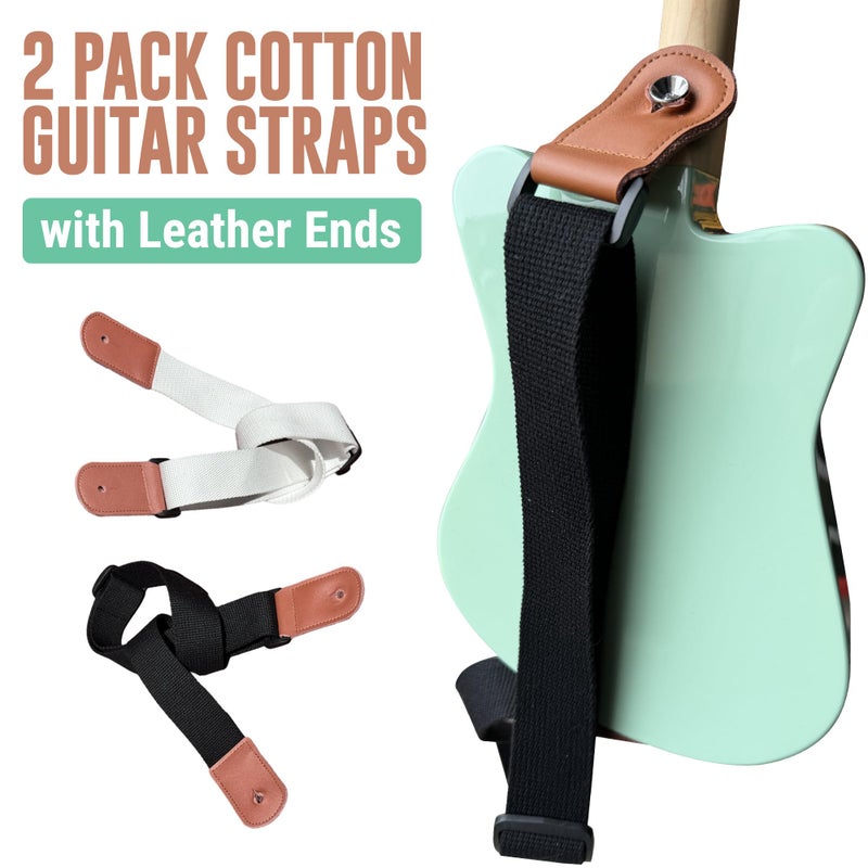 Samorillo [2 Pack] Guitar Strap for Kids - 1 White Strap + 1 Black Strap With Leather Ends - Perfect Fit For Mini Guitars & Ukuleles - Extends Up To 39" For Adults - Image 2