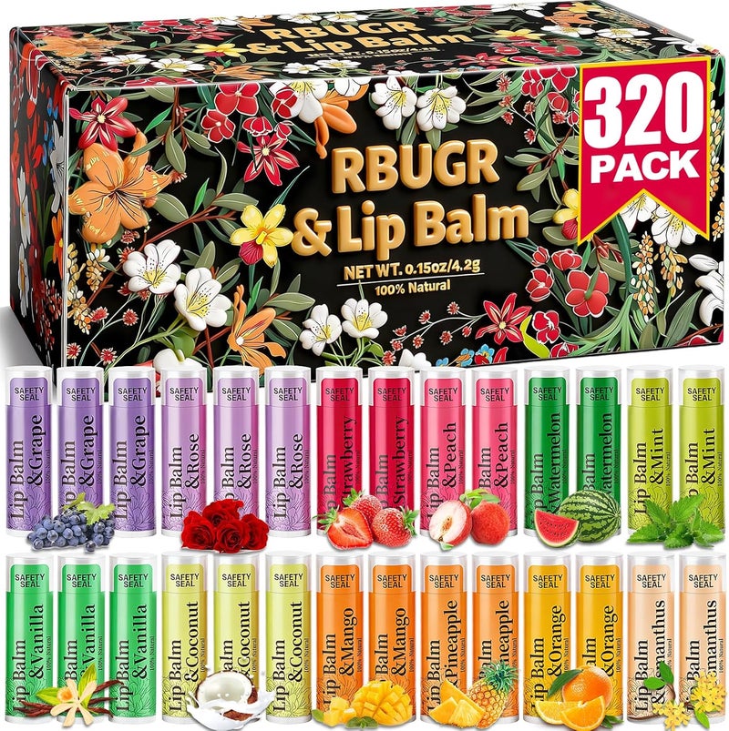 RBUGR 320 Pcs Lip Balm Bulk, 12 Flavored Pack of Lip Balms Natural Lip Balm Pack, Moisturising Organic Lip Balm Set for Cracked Lips, Bulk Gifts Stocking Stuffers Party Favors(4.2g/0.15oz) - Image 1