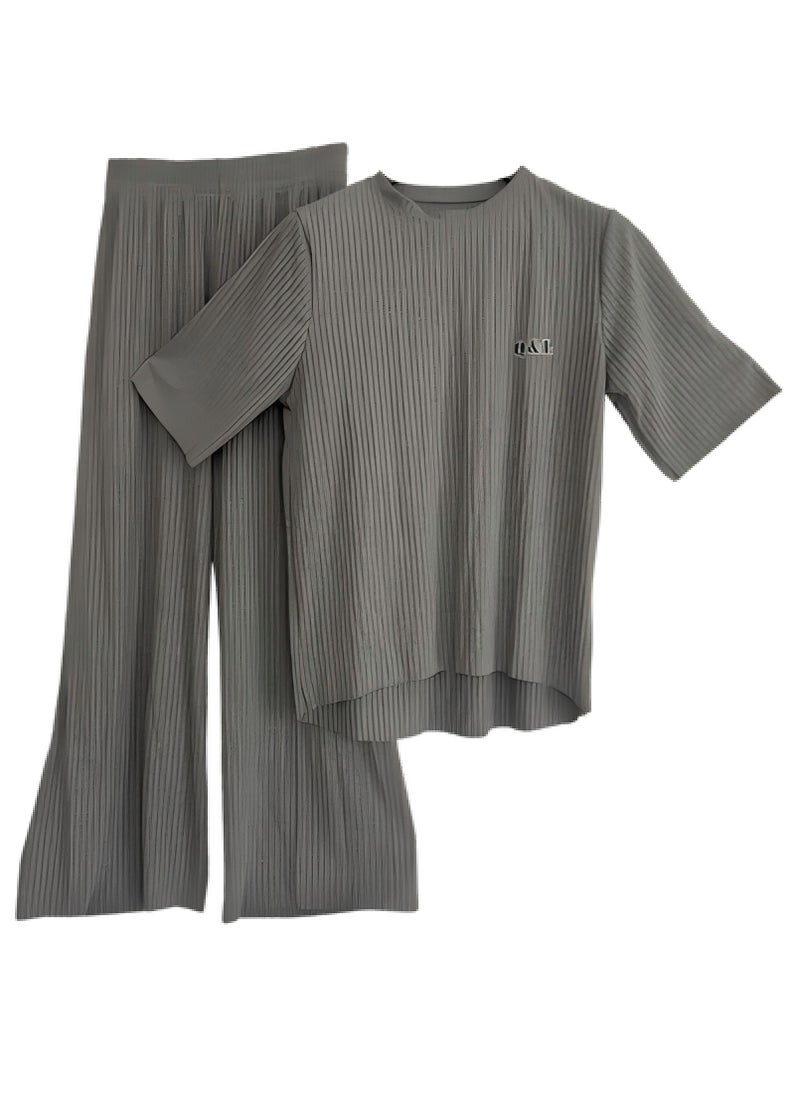 Generic Fashionable Casual 2 pics Women's Loose-Fit Suit , Ladies comfortable and Knitted rib , spandex blended with cotton , short sleeve top and wide leg pants set for daily commute and leisure simple design 
