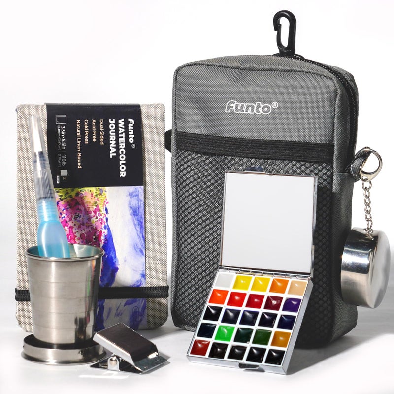 Funto Mini Watercolor Paint Set, All-in-One 24-Color Travel Paint Kit, with Crossbody Bag, Watercolor Journal, Paint Water Cup, Pocket Set for Artists - Image 1