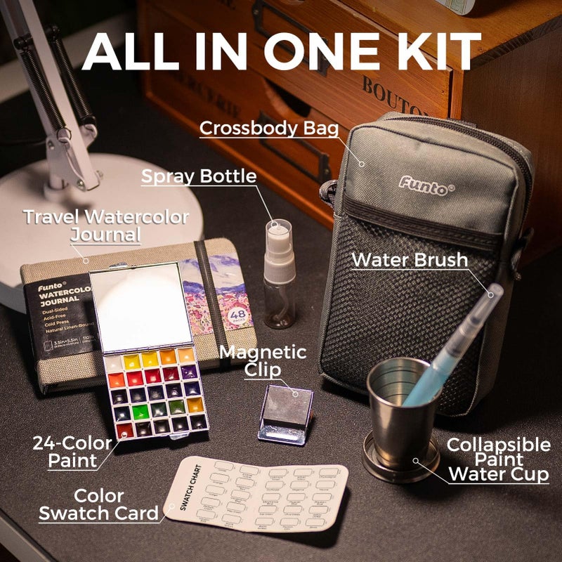 Funto Mini Watercolor Paint Set, All-in-One 24-Color Travel Paint Kit, with Crossbody Bag, Watercolor Journal, Paint Water Cup, Pocket Set for Artists - Image 2