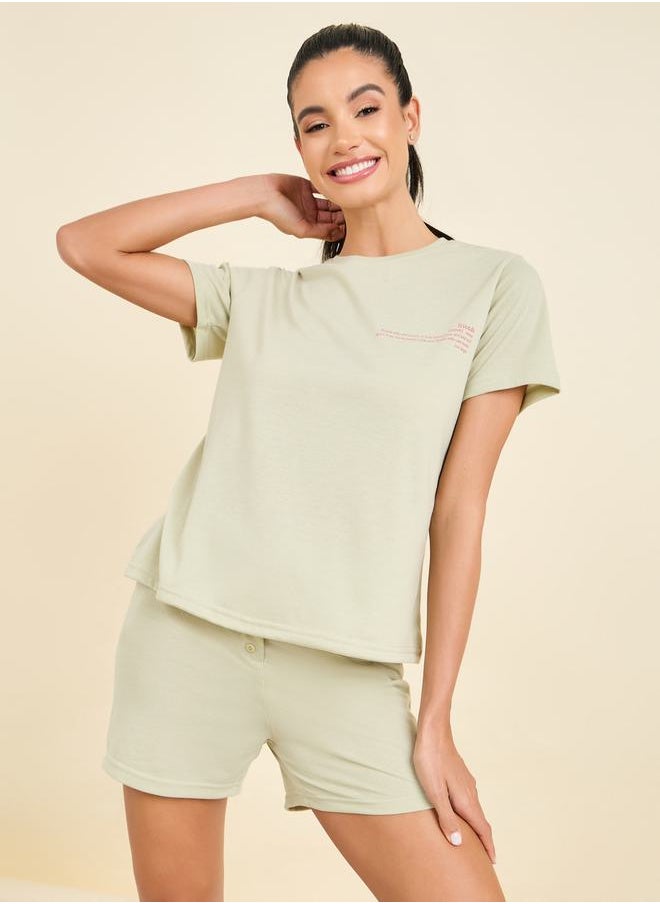 Styli - Slogan Print T-Shirt & Button Placket Shorts Set - Image 1