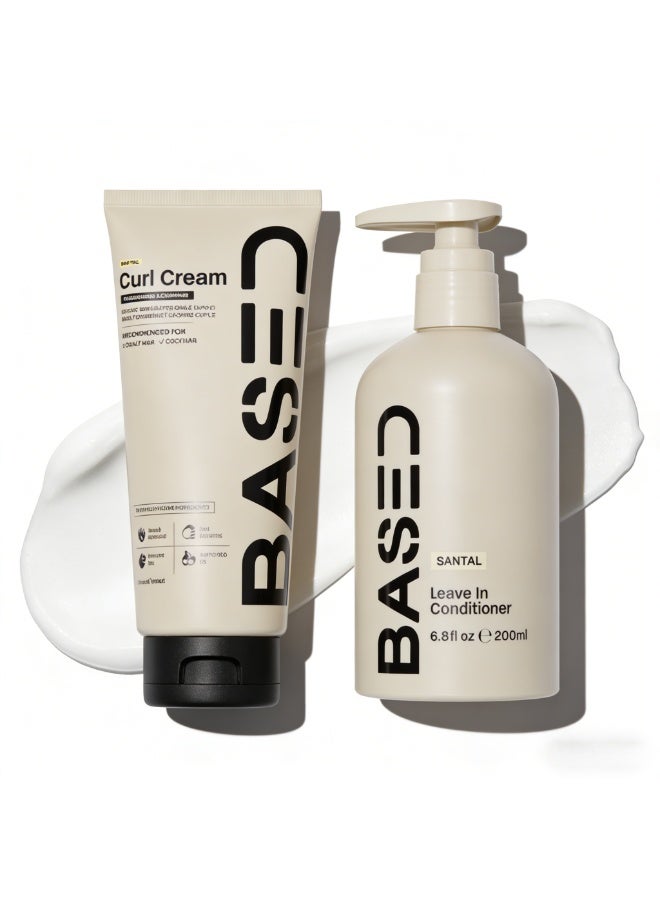 BASED Curl Cream & Leave In Conditioner Set - Nourishing & Defining for Wavy & Coily Hair, Santal Scent, 200ml Each - Hydrate, Reduce Frizz, and Enhance Natural Curls - Image 1