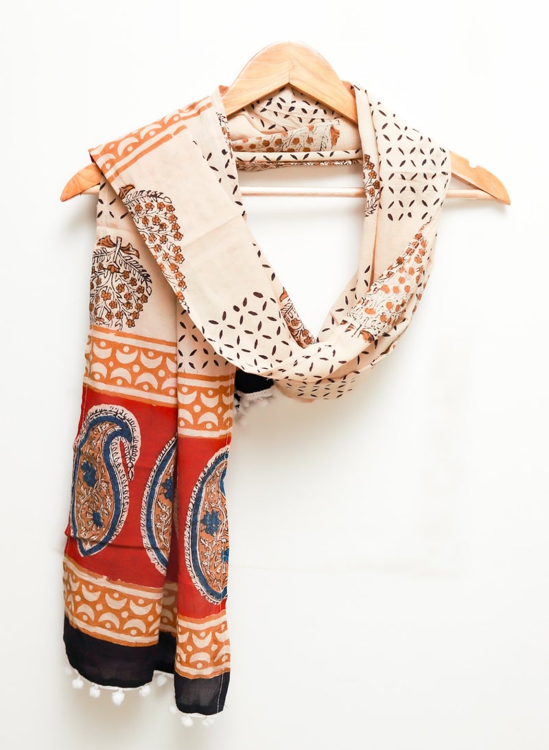 OJARIYA Ivory Paisley Hand Block Printed 100 Percent Breathable Soft Muslin Cotton Scarf Stole - Image 1