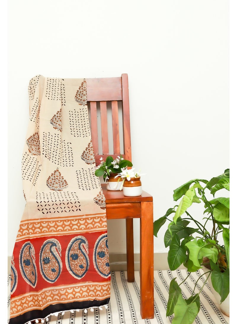 OJARIYA Ivory Paisley Hand Block Printed 100 Percent Breathable Soft Muslin Cotton Scarf Stole - Image 3
