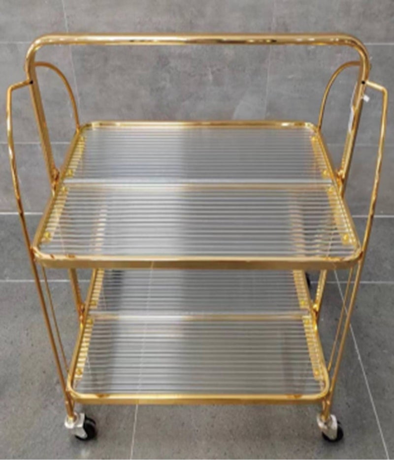 Luxury 2-Tier Gold Serving Trolley Cart – Elegant Metal Bar and Dining Rolling Cart with Ribbed Acrylic Shelves, Smooth Lockable Wheels for Home, Living Room, and Kitchen Decor - Image 2