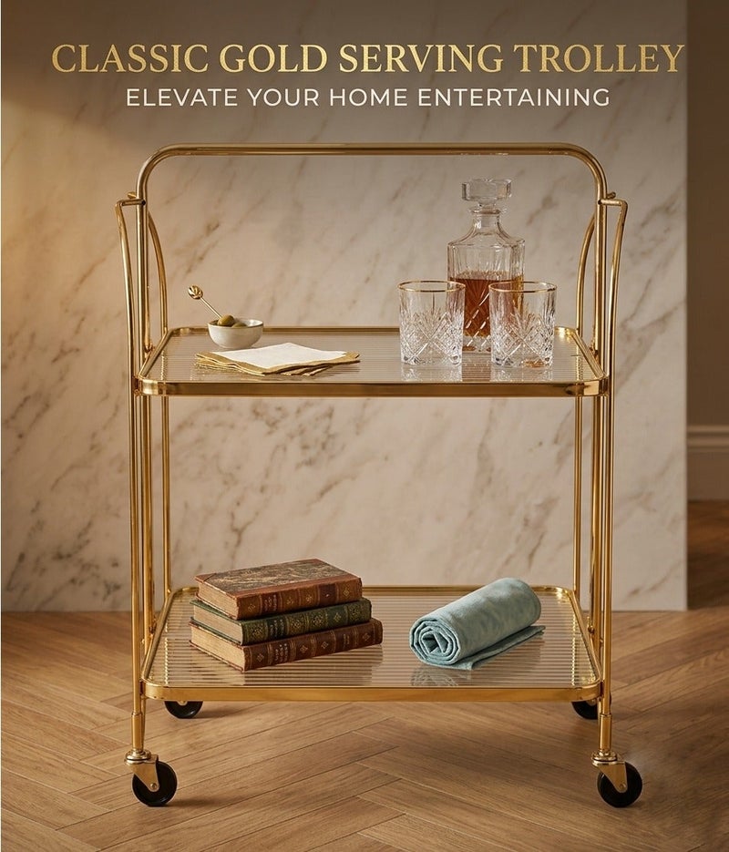 Luxury 2-Tier Gold Serving Trolley Cart – Elegant Metal Bar and Dining Rolling Cart with Ribbed Acrylic Shelves, Smooth Lockable Wheels for Home, Living Room, and Kitchen Decor - Image 1