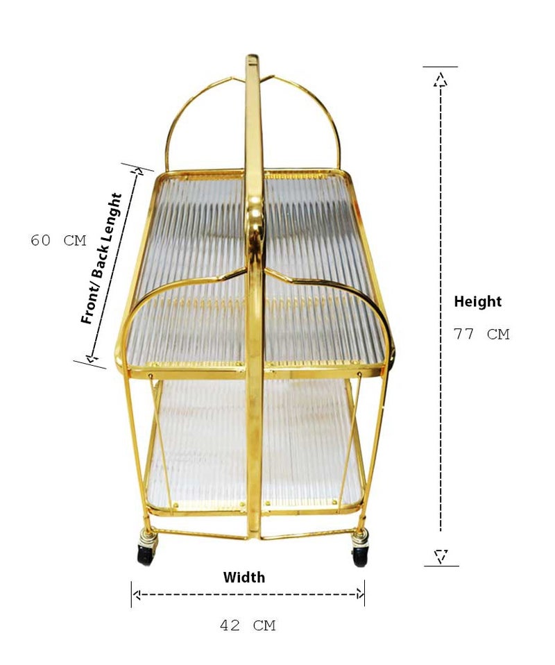 Luxury 2-Tier Gold Serving Trolley Cart – Elegant Metal Bar and Dining Rolling Cart with Ribbed Acrylic Shelves, Smooth Lockable Wheels for Home, Living Room, and Kitchen Decor - Image 3