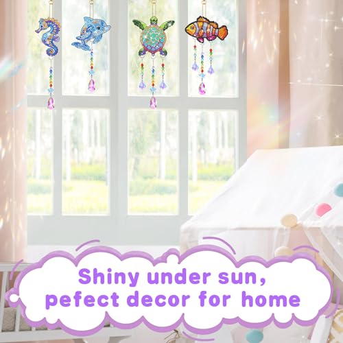 Beeplove Diamond Art Kits for Kids - Crafts Gifts for Girls 8-12, 4 Pcs Double Sided Sea Animal Style Wind Chime, Hanging Crystal Rhinestone Painting Ornament - Image 5