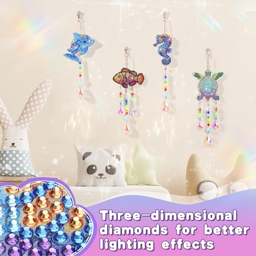 Beeplove Diamond Art Kits for Kids - Crafts Gifts for Girls 8-12, 4 Pcs Double Sided Sea Animal Style Wind Chime, Hanging Crystal Rhinestone Painting Ornament - Image 2