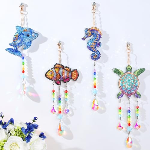 Beeplove Diamond Art Kits for Kids - Crafts Gifts for Girls 8-12, 4 Pcs Double Sided Sea Animal Style Wind Chime, Hanging Crystal Rhinestone Painting Ornament - Image 1