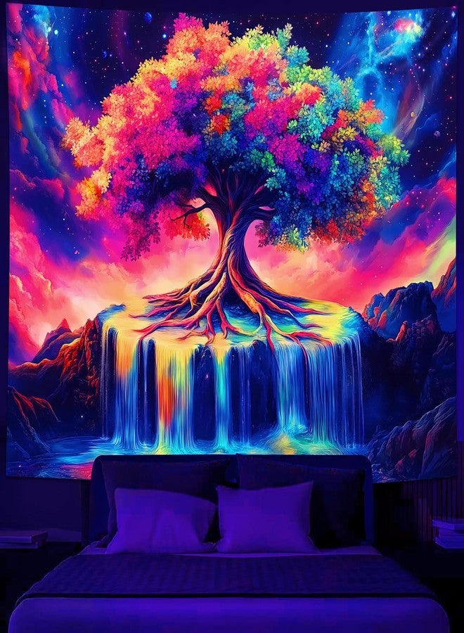Simpkeely Tree of Life Blacklight Tapestry UV Reactive Colorful Waterfall Tapestry Galaxy Space Starry Sky Wall Tapestries Hanging for Bedroom - 59.1" L x 51.2" W - Image 1