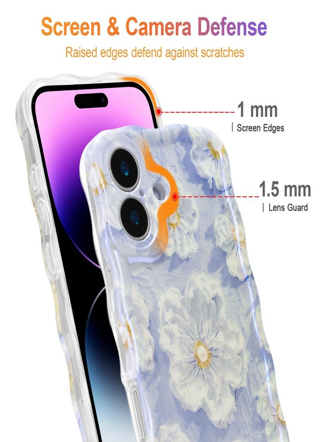 EYZUTAK جراب EYZUTAK لهاتف iPhone 16، بنمط زهور ملون مستوحى من اللوحات الزيتية القديمة، بنقشة ليزر لامعة وحواف مموجة لطيفة، غطاء هاتف أنيق ومتين من مادة TPU، مناسب للفتيات والسيدات - أزرق فاتح - Image 4