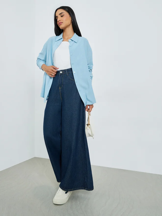 Styli Styli Blue Linen Blend Oversized Shirt