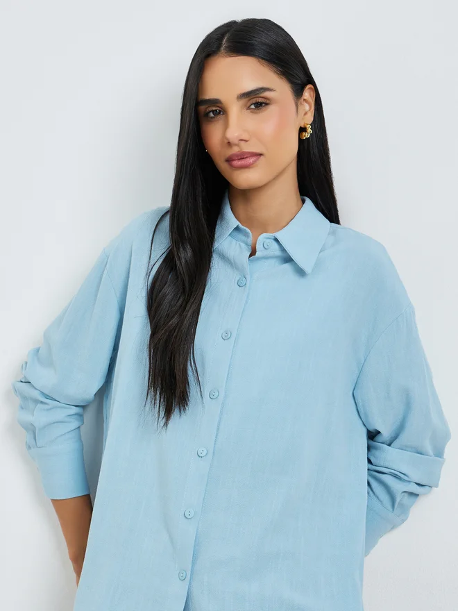 Styli Styli Blue Linen Blend Oversized Shirt