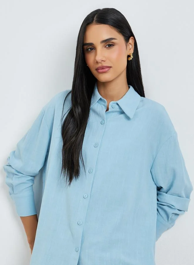 Styli Styli Blue Linen Blend Oversized Shirt