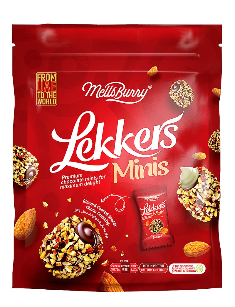 MELLSBURRY Lekkers Minis Almond Coated Premium Chocolate Bites – Crunchy Nut Covered Chocolate Balls – Individually Wrapped Mini Chocolates Pouch – 150g - Image 1
