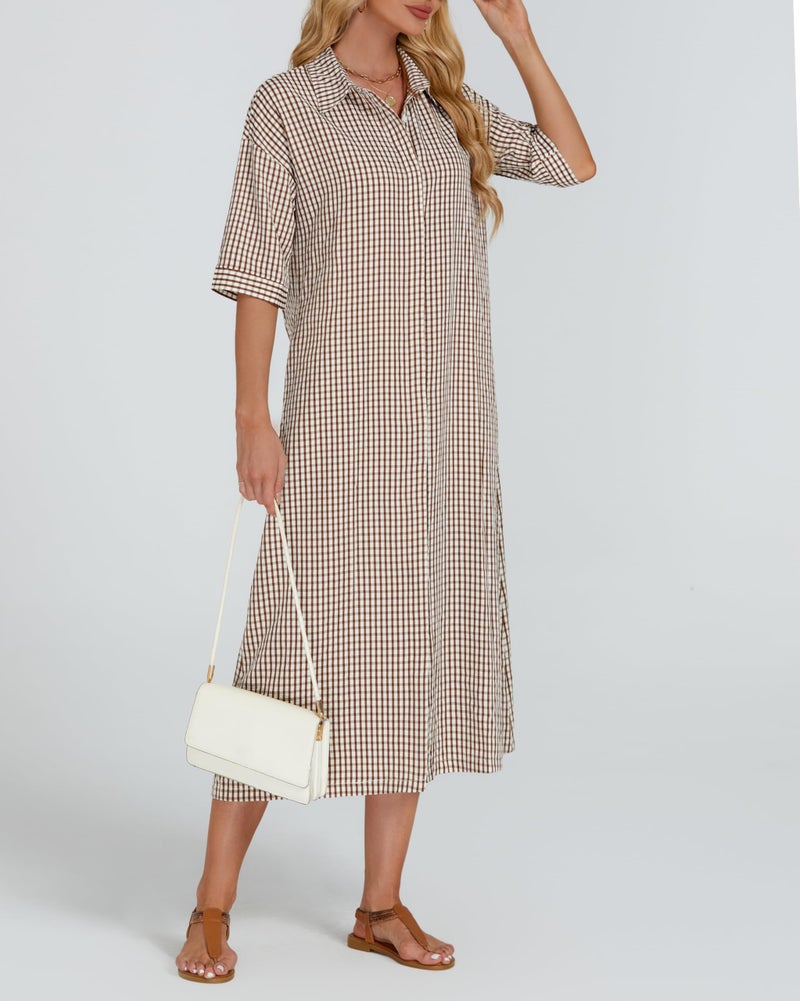 YEXPINE Women's Half Sleeve Plaid Midi Dress Collar V Neck Belted Casual Button Down Long Loose Dress Brown - Image 3