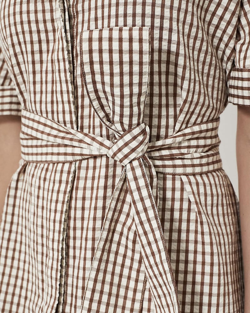 YEXPINE Women's Half Sleeve Plaid Midi Dress Collar V Neck Belted Casual Button Down Long Loose Dress Brown - Image 4