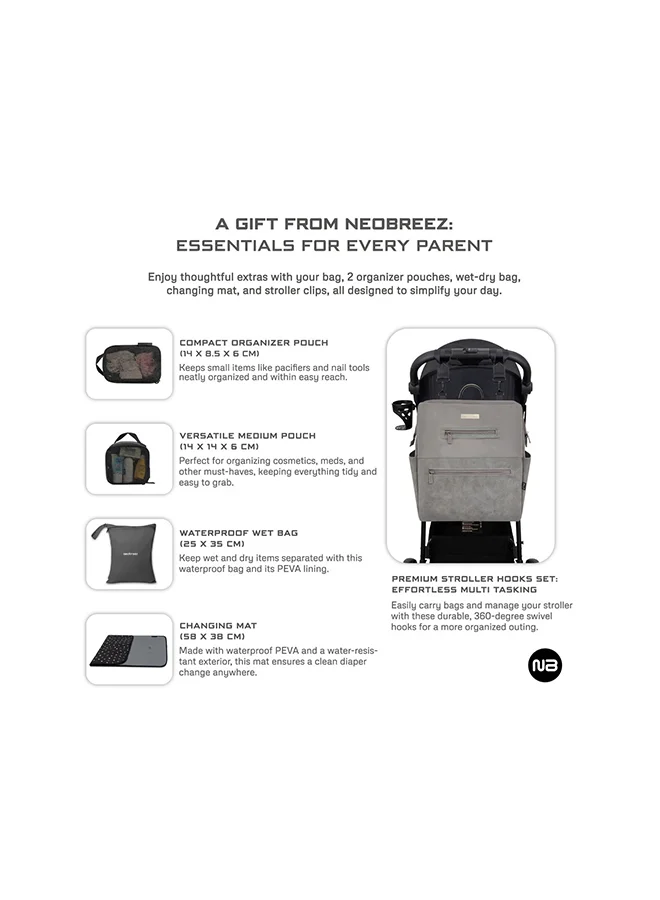 neobreez RILO Multifunction Waterproof Diaper Bag for Baby&Toddler|7-Pcs Set W/Changing Mat, Wet Bag, Pouches|Large-Capacity Travel Backpack for Mom&Dad with Trolley Sleeve|Diaper Tote Bag