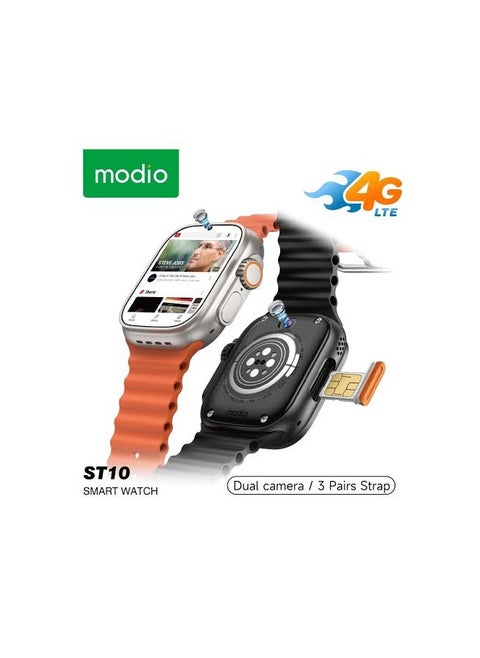 Modio ST10 watch supports front and back camera and SIM card Thanks to its elegant and modern design, the advantage of this smart watch is the dual camera, which allows you to capture everything Color Orange Supports Google Play