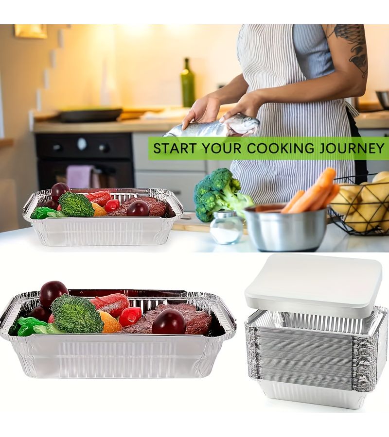 40 Pack Disposable Aluminum Foil Trays With Lids 8 27x5 51x1 77 Inch Multipurpose Cooking Baking - Image 1