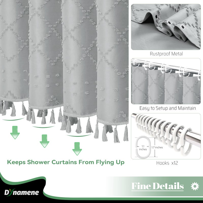 Dynamene ستائر دش طويلة دش طويلة 96 بوصة طويلة بوهو معنقدة هندسية مخططة الستائر دش الدش للحمام طويل المزرعة الستار القماش دش مجموعة مع 12 هوك الرمادي 72x96 - Image 3