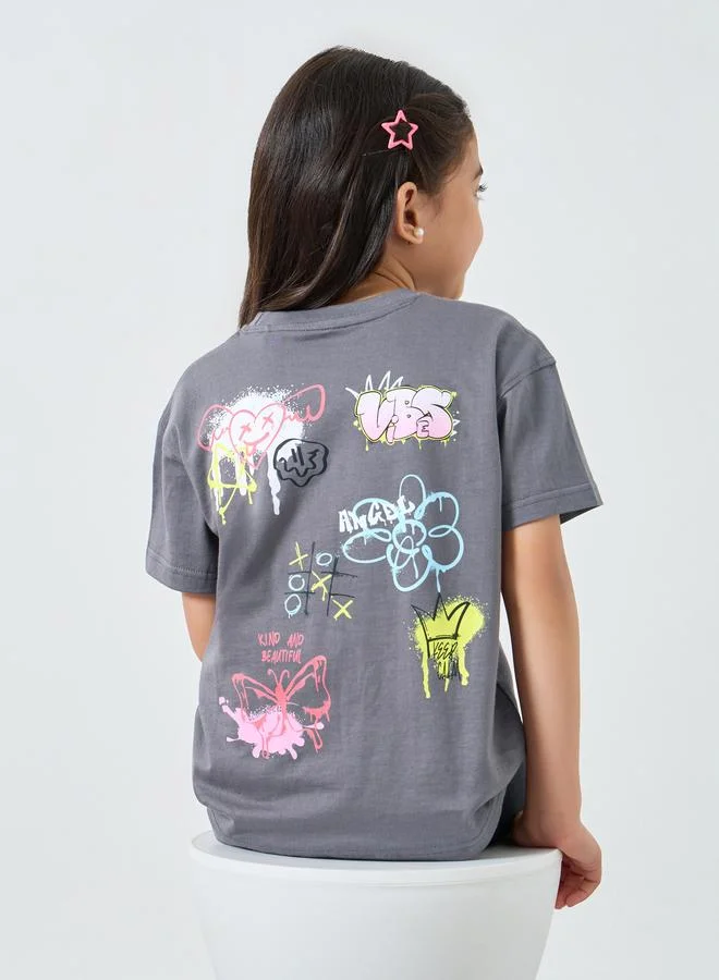 Styli Girls Grey Graphic Print Oversized Cotton T-Shirt