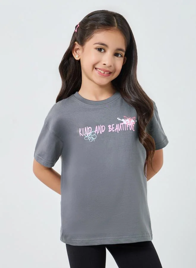 Styli Girls Grey Graphic Print Oversized Cotton T-Shirt